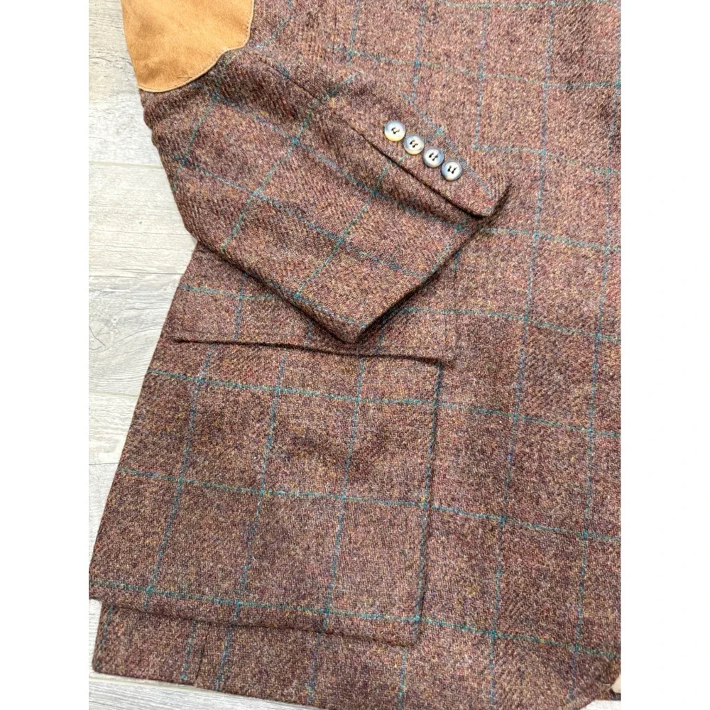 Cesarani Mens XXL Wool Tweed Shooting Jacket Suede Patches Brown Plaid Coat